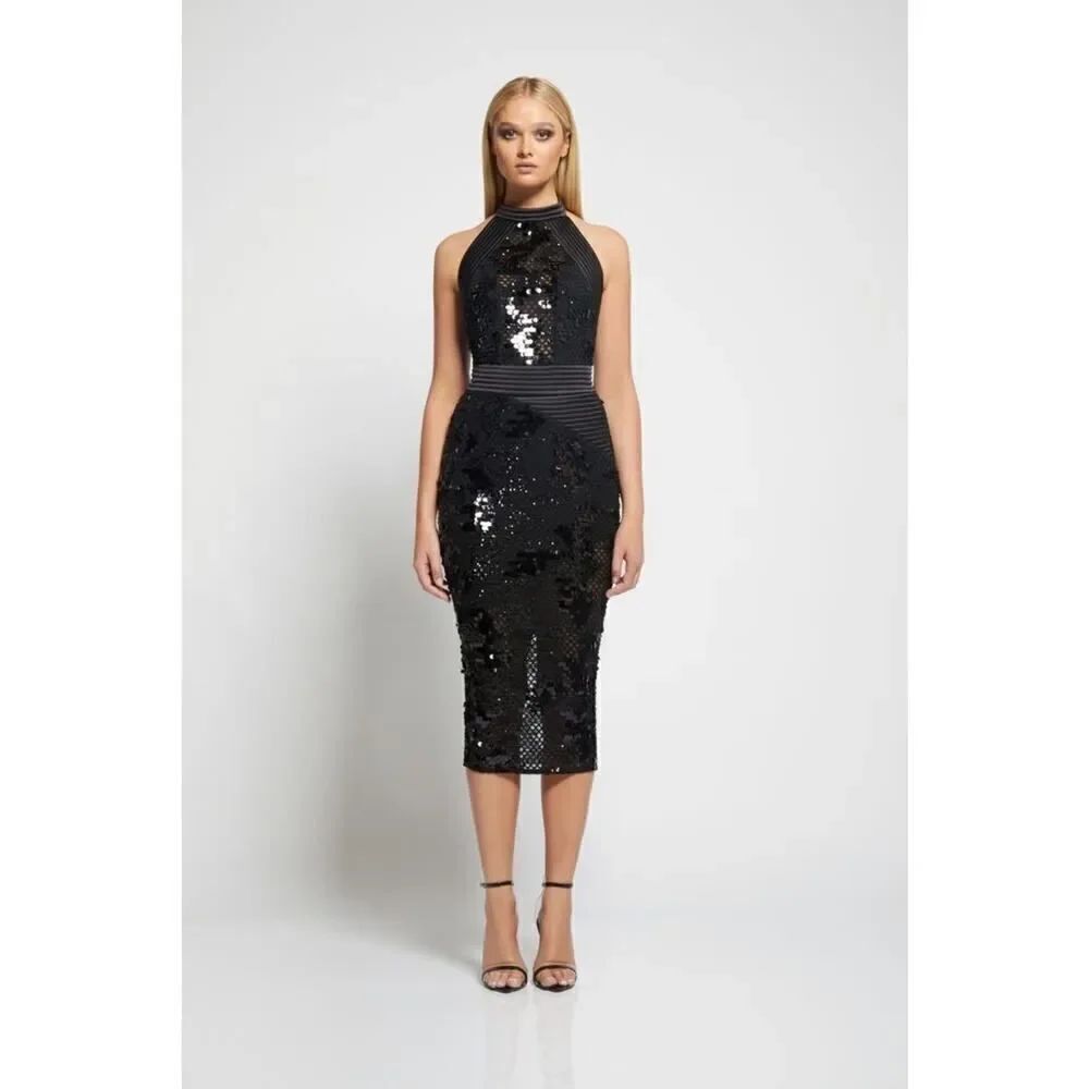 ZHIVAGO Ischia Open-Back Halter Sequin Midi Dress US4
